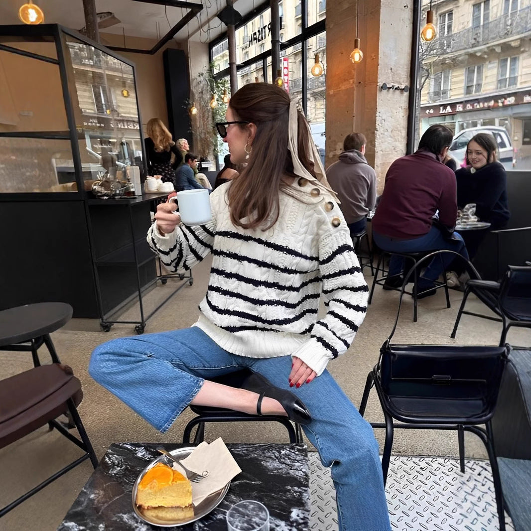Damen Strickpullover mit maritimen Streifen und Knopfdetails EB