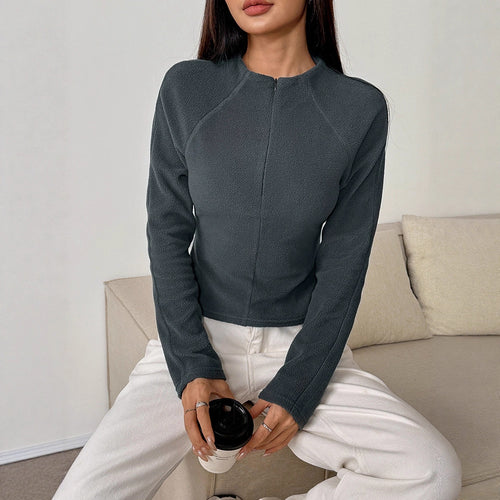 Damen sportlicher Fleece-Oberteil mit Stehkragen und Reißverschluss EB