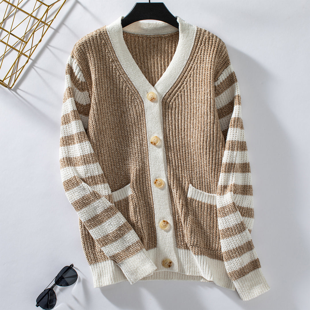 Damen modische Strickjacke mit dekorativem Rippenmuster und Streifen EB