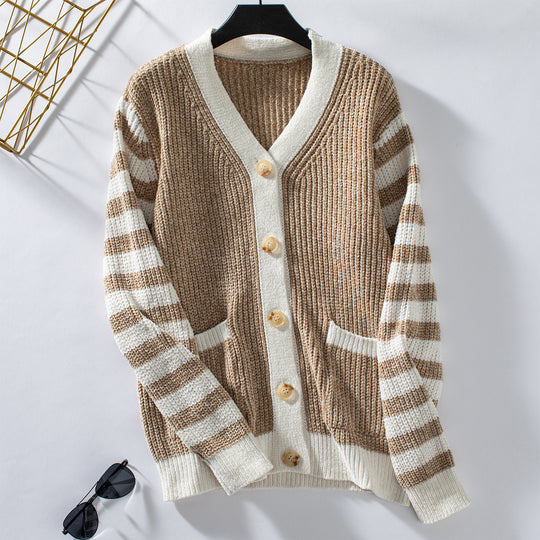 Damen modische Strickjacke mit dekorativem Rippenmuster und Streifen EB