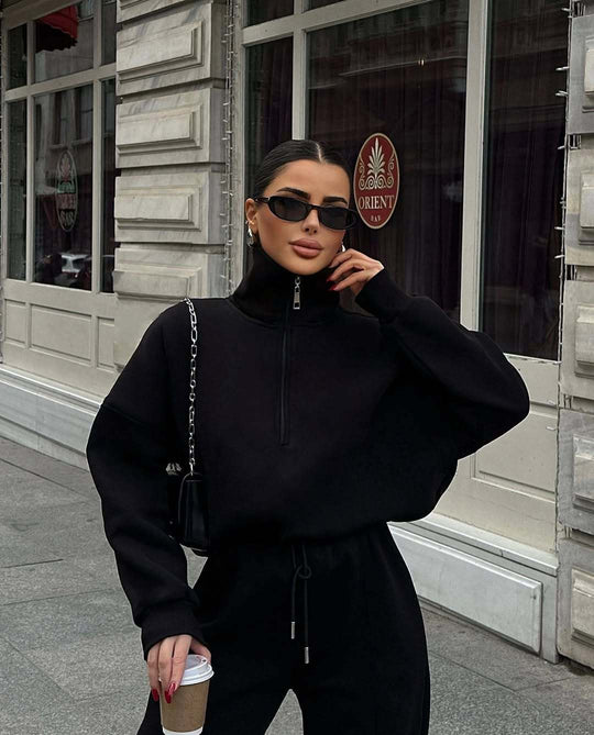 Damen nan Oversize Sweatshirt mit Halbzip und weiten Jogginghose Set EB