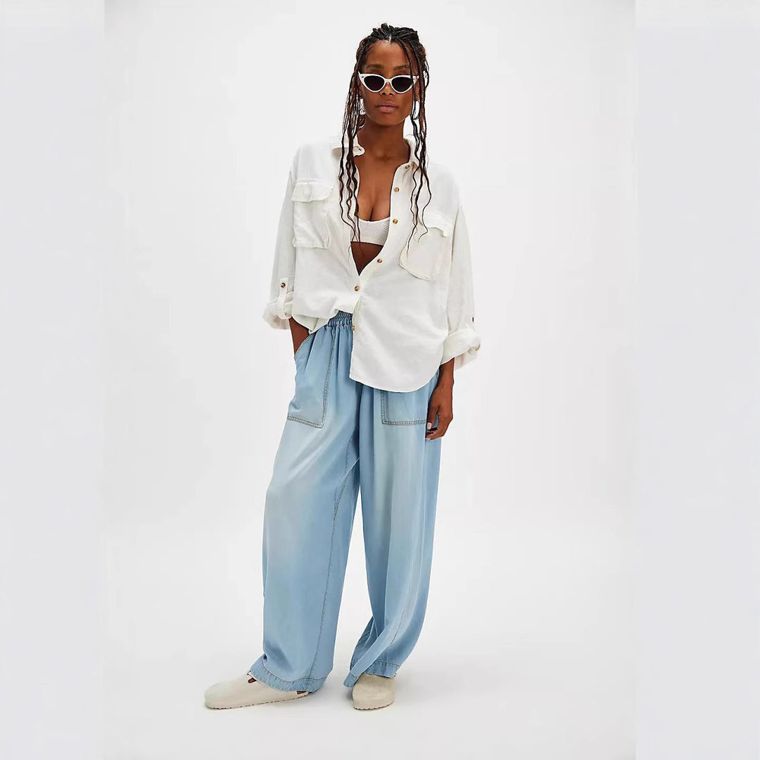 Damen Lässige weite Denim-Jeans mit elastischem Bund und praktischen Taschen EB
