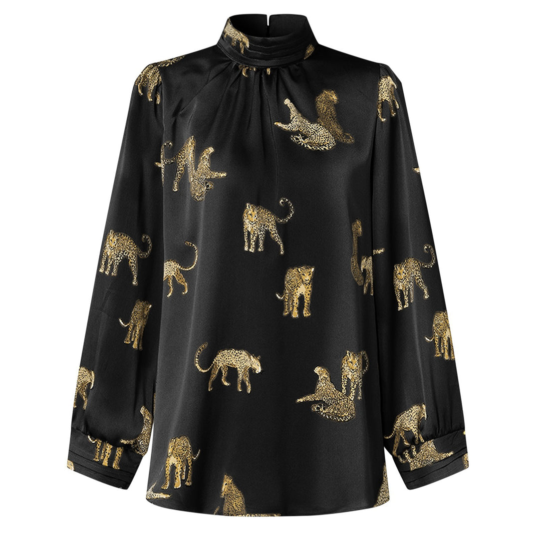 Damen Hochgeschlossenes Satinblusenshirt mit Stehkragen und Animal‑Print EB