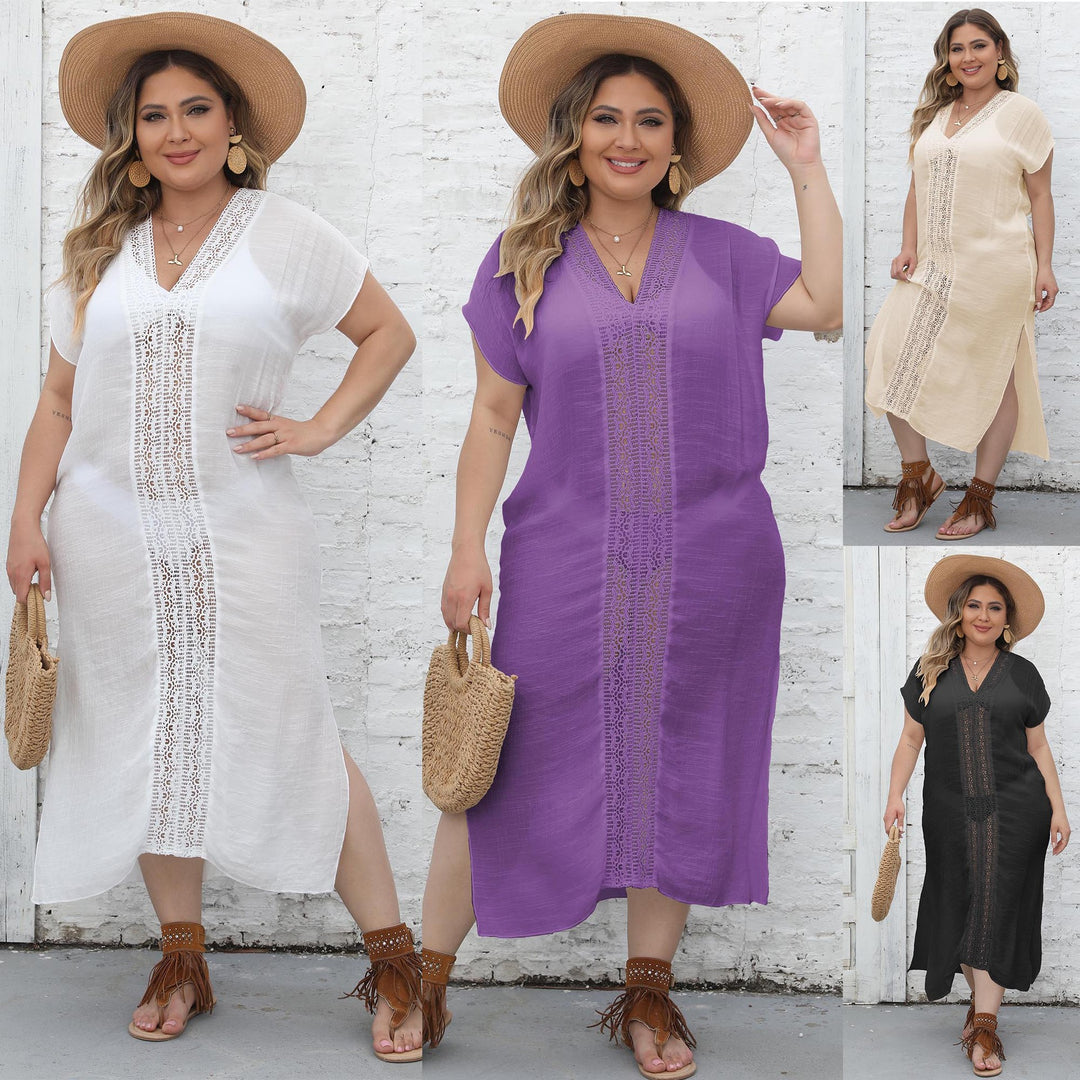 Damen eleganter Maxi-Kaftan mit großzügigem V-Ausschnitt und filigranen Häkelakzenten EB