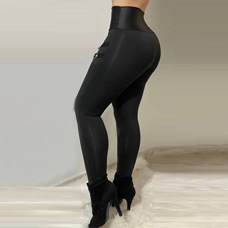 Damen Figurbetonte Kunstleder-Leggings mit Schnallen-Details EB