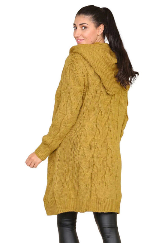 Damen Großer Strickmantel mit Kapuze und Zopfmuster EB