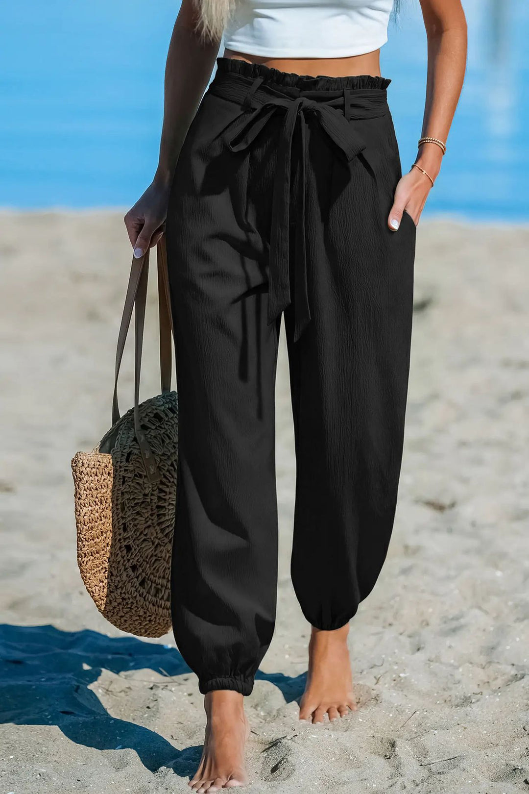 Damen Leichte Paperbag-Hochbund-Hose mit Bindegürtel, Seitentaschen und elastischen Knöchelbündchen EB