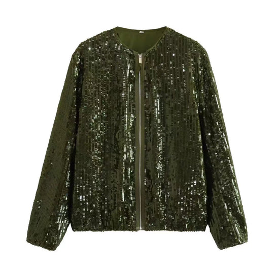Damen Paillettenjacke mit durchgehendem Reißverschluss und elegantem Stehkragen EB