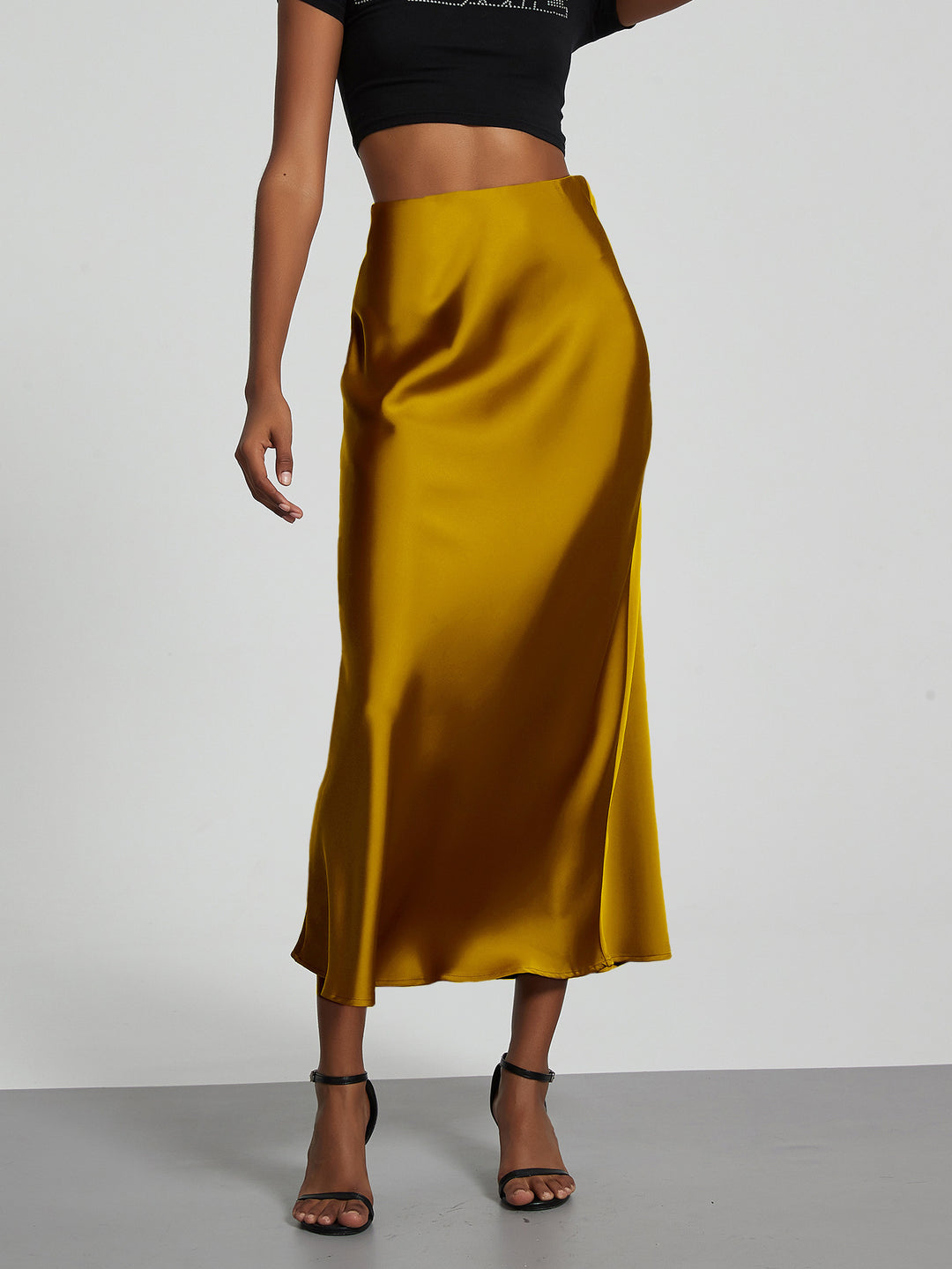 Damen Stilvolle Satin-Stretchrock mit hohem Bund und fließendem Schnitt EB