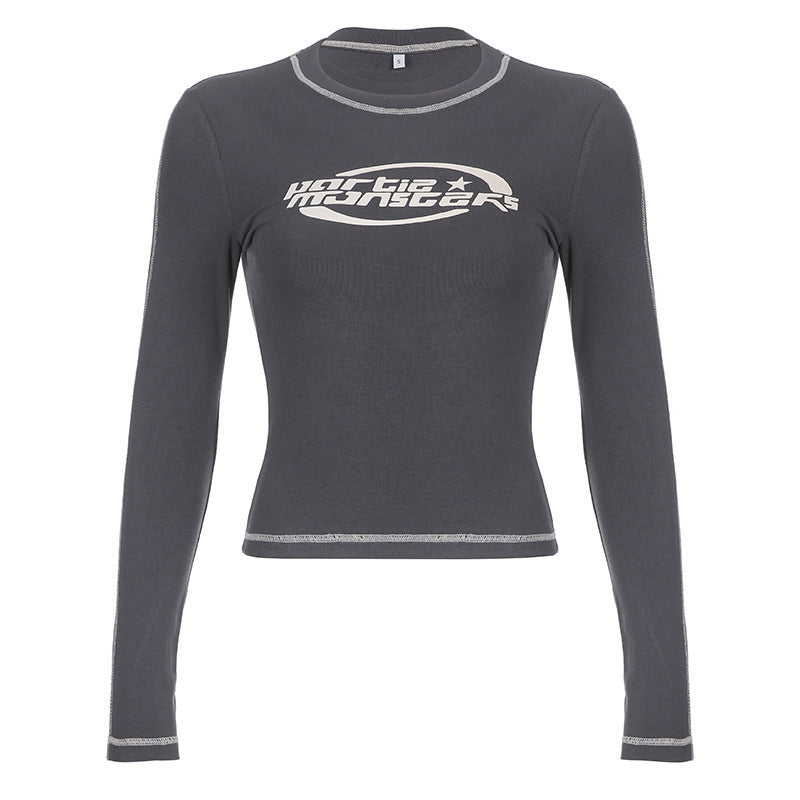 Damen nan enganliegendes Langarmshirt mit Brustlogo, Cropped-Schnitt und kontrastierenden Flatlocknähten EB