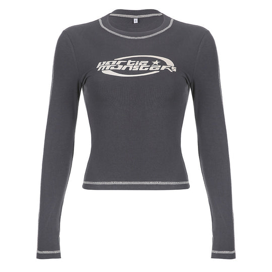 Damen nan enganliegendes Langarmshirt mit Brustlogo, Cropped-Schnitt und kontrastierenden Flatlocknähten EB
