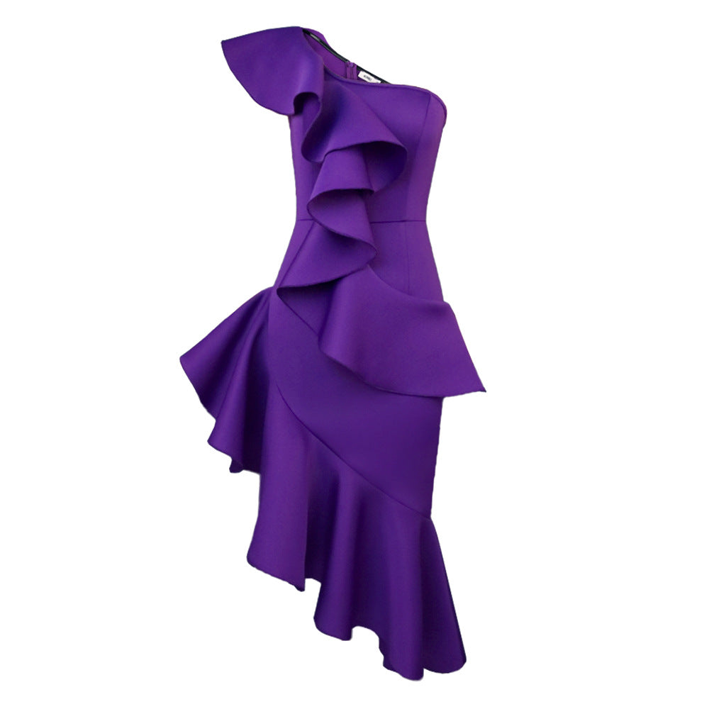Damen Elegantes Maxi Kleid mit asymmetrischem Rüschendesign EB