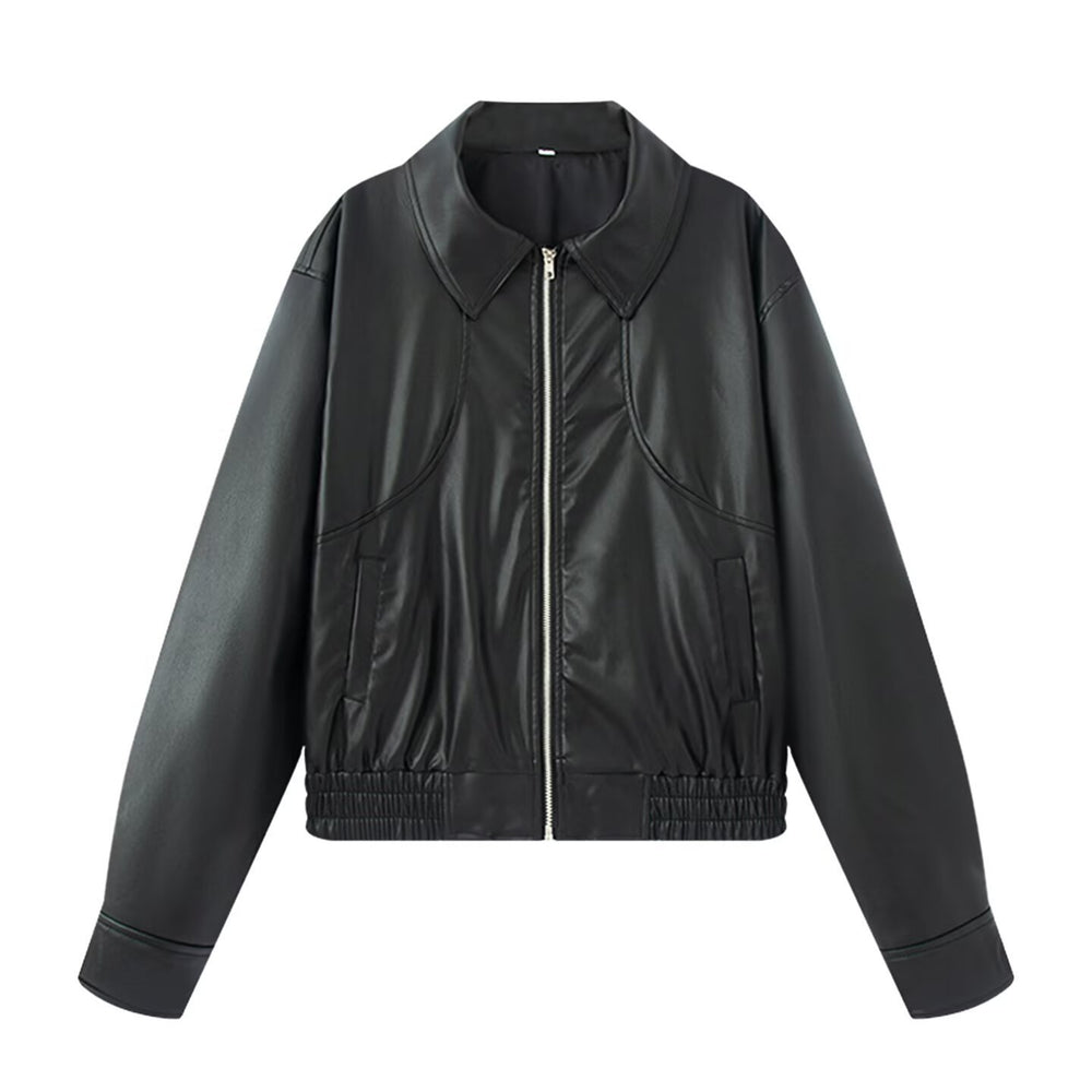 Damen Kunstleder Bikerjacke mit elastischem Bund und schlichten Taschen EB