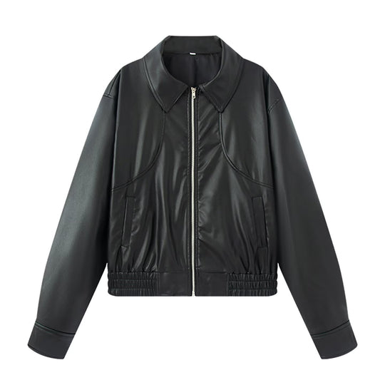 Damen Kunstleder Bikerjacke mit elastischem Bund und schlichten Taschen EB