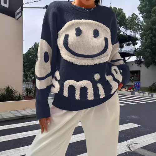 Damen Strickpullover mit fröhlichem Emoji-Motiv und komfortablem Schnitt EB