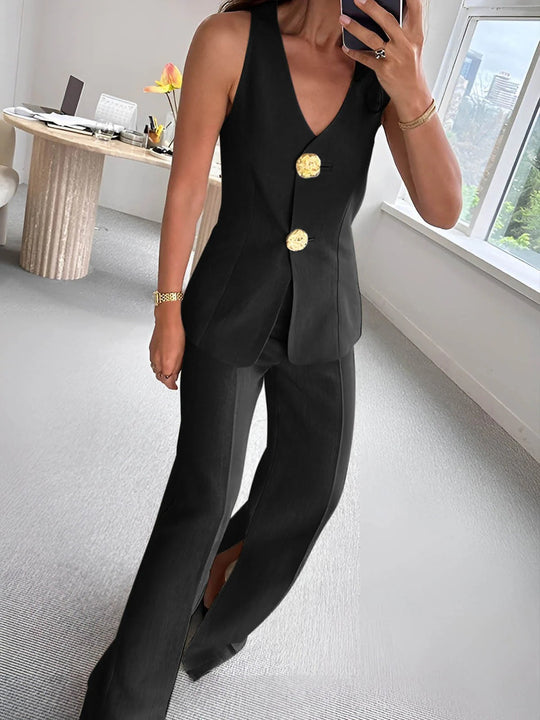 Damen elegantes Jumpsuit mit vordere Knopfleiste und weitem Bein EB