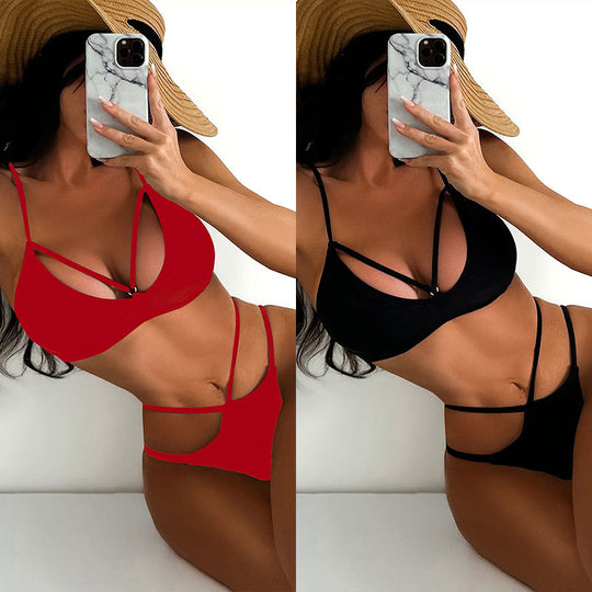 Damen Triangel-Bikini mit tiefem V-Ausschnitt und raffinierten Trägermuster EB