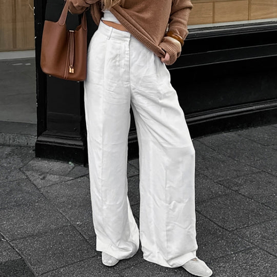 Damen Weit geschnittene Leinenhose mit elastischem Bund und hohem Taillenbund EB