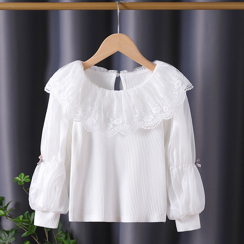 Damen elegante Bluse mit romantischem Spitzenkragen und Rüschendetails EB