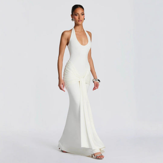 Damen Langes Wickelkleid mit tiefem V-Ausschnitt und Raffungen EB