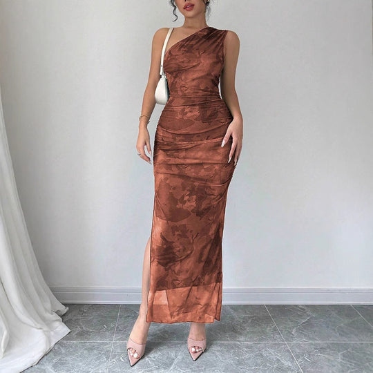 Damen Elegantes One-Shoulder Maxikleid mit sanften Raffungseffekten EB