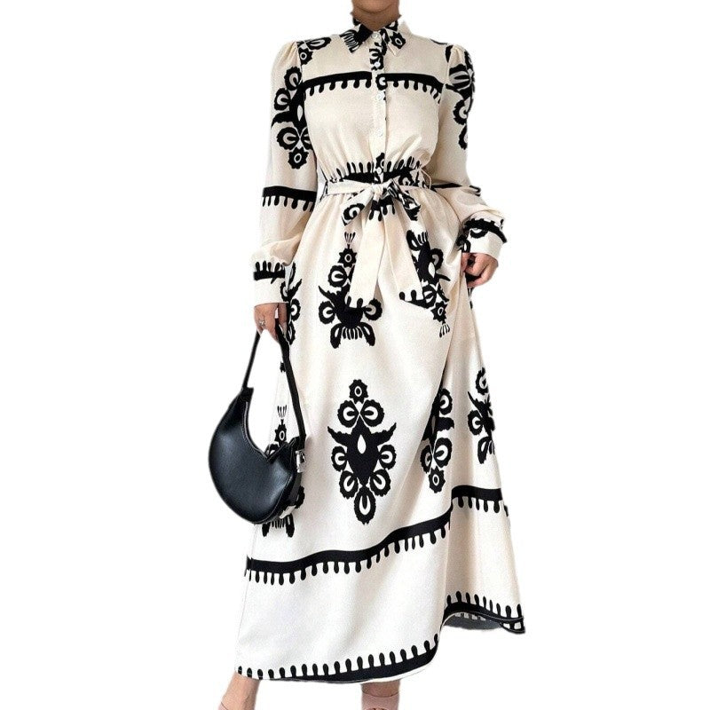 Damen Langarm-Maxikleid mit elegantem Knopfdesign und taillierbarem Gürtel EB