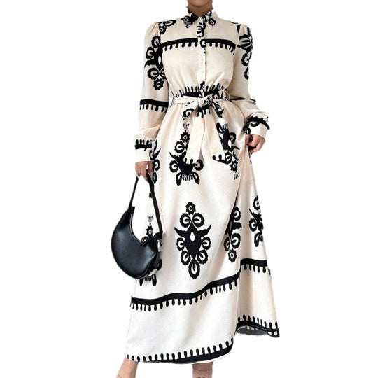 Damen Langarm-Maxikleid mit elegantem Knopfdesign und taillierbarem Gürtel EB