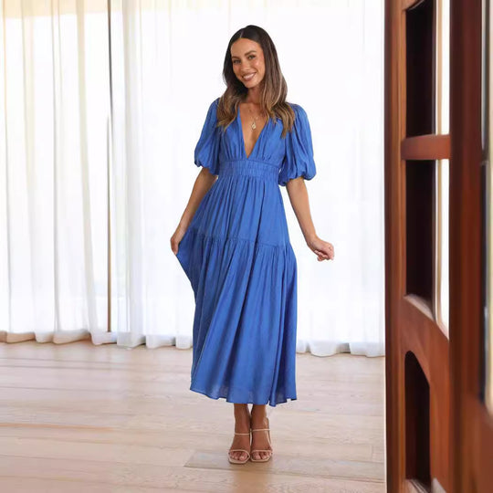 Damen Maxikleid mit weiten Puffärmeln und elastischem Taillenzug EB