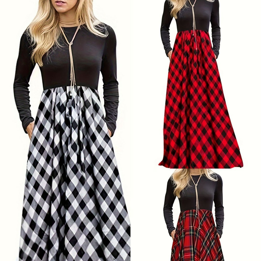 Damen Maxikleid mit modernem Karomuster und langen Ärmeln EB