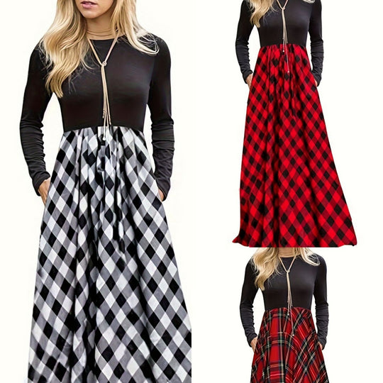 Damen Maxikleid mit modernem Karomuster und langen Ärmeln EB