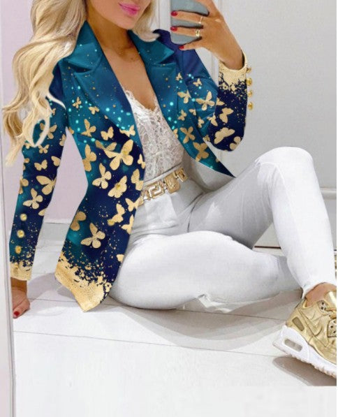 Damen Zweiteiliges Blazer-und-Hose-Set mit Schmetterlingsprint und glamourösem Glitzereffekt EB