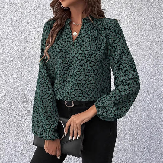 Damen Gemusterte Viskose-Bluse mit Stehkragen und Ballonärmeln EB