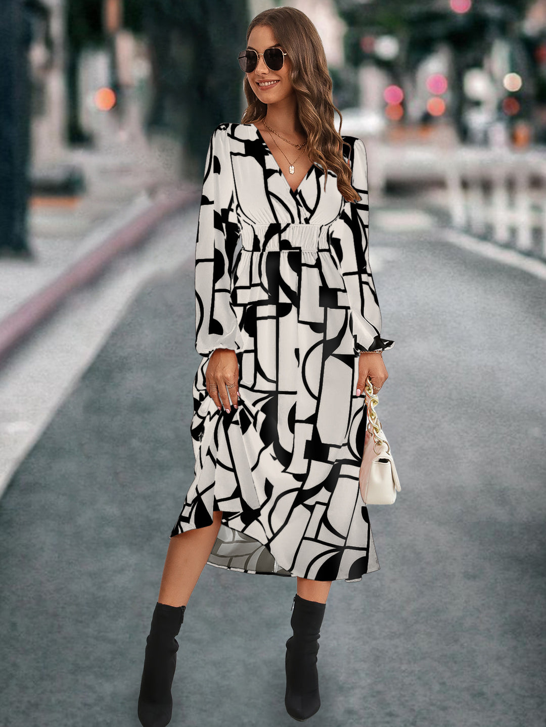 Damen Midikleid mit modernem geometrischen Muster und elastischem Bund EB
