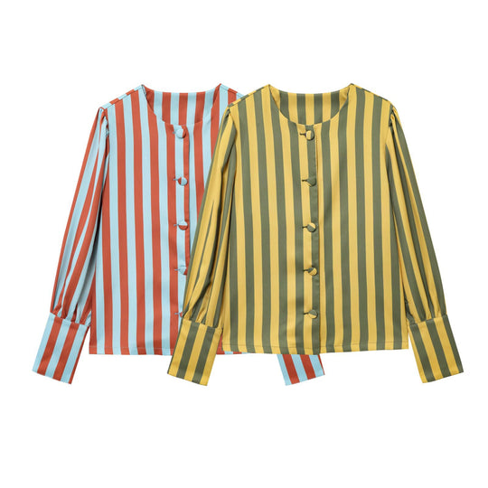 Damen Langarm-Bluse mit gestreiftem Design und elegantem Puffärmel EB