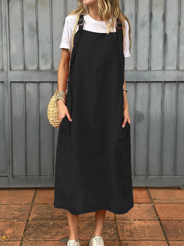 Damen lässiges Leinenkleid mit praktischen Taschen und verstellbaren Trägern EB
