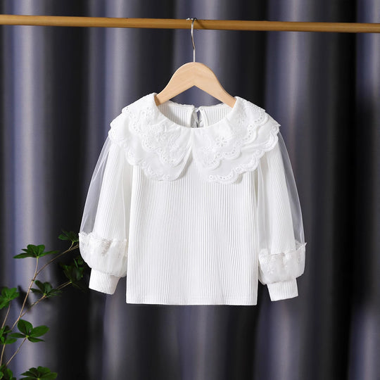 Mädchen modische Bluse mit elegantem Spitzenkragen und Tüllärmeln EB