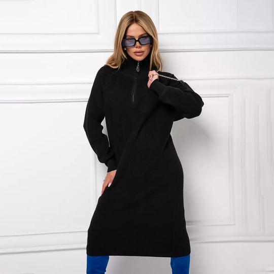 Damen Strickkleid mit Stehkragen und durchgehendem Reißverschluss EB