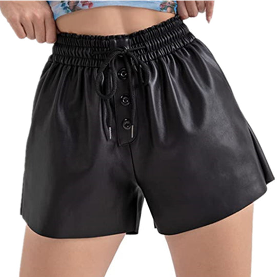 Damen lässige Shorts aus innovativem Kunstleder mit elastischem Bund und praktischen Knopfdetails EB