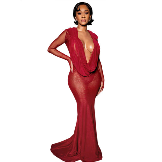 Damen Elegantes lange Kleid mit tiefem V-Ausschnitt und Raffungen EB