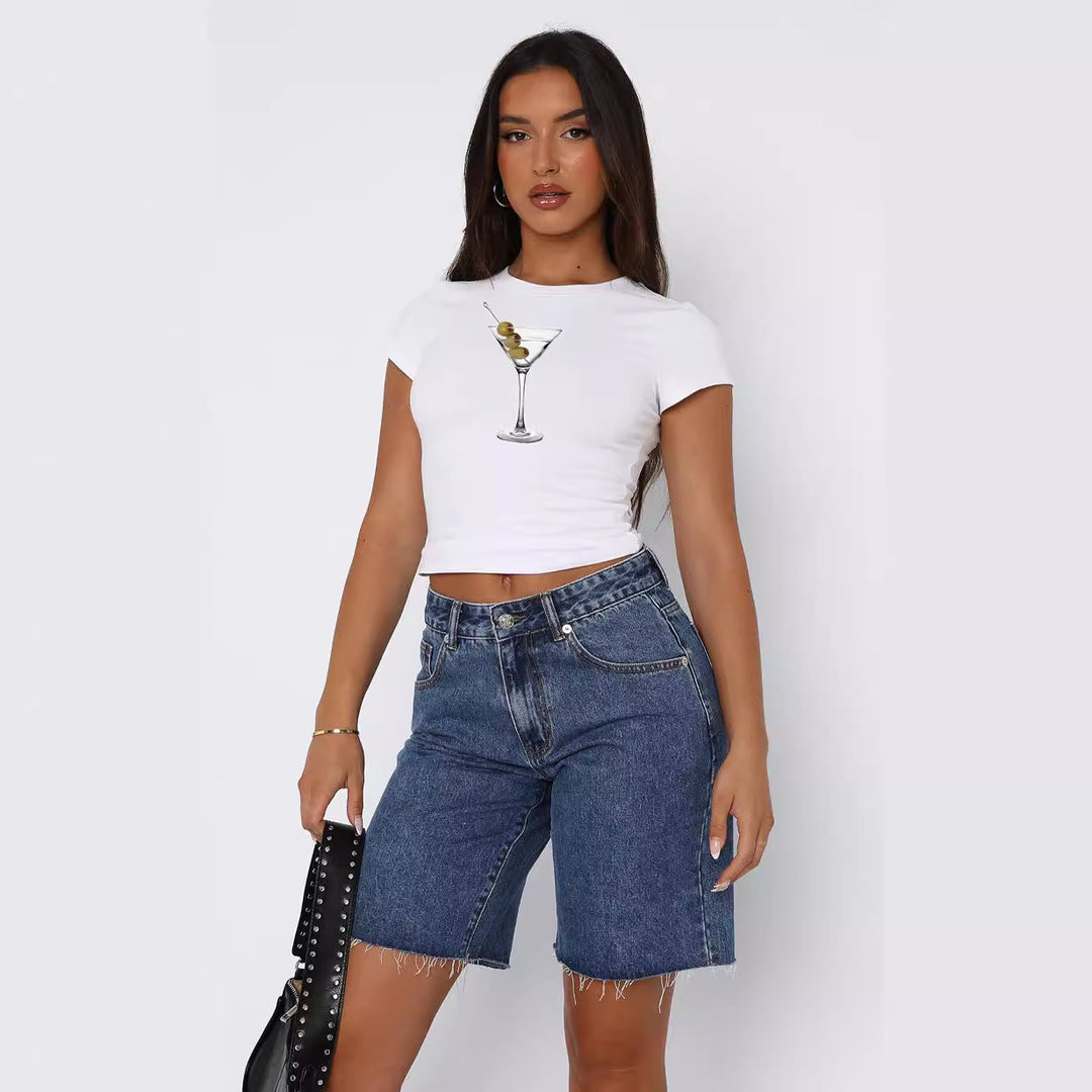 Damen Kurzarm Crop-Top mit fruchtigem Motiv und figurbetontem Schnitt EB