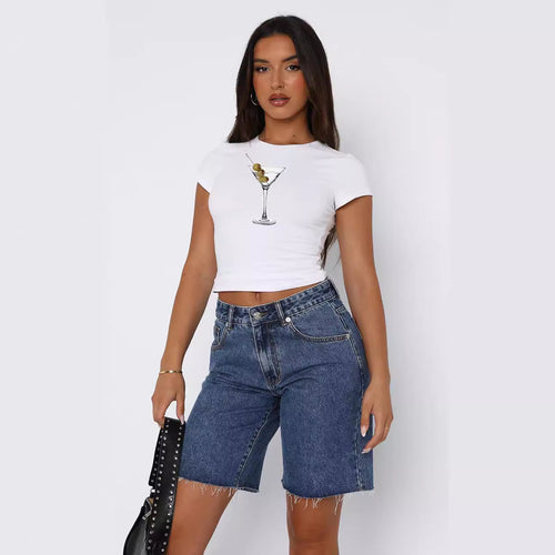 Damen Kurzarm Crop-Top mit fruchtigem Motiv und figurbetontem Schnitt EB