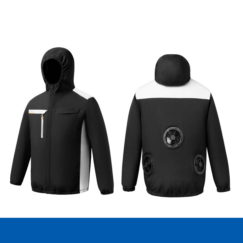 Herren nan belüftete Kühljacke mit mehreren integrierten USB-Lüftern, verstellbarer Kapuze und winddichtem Material EB
