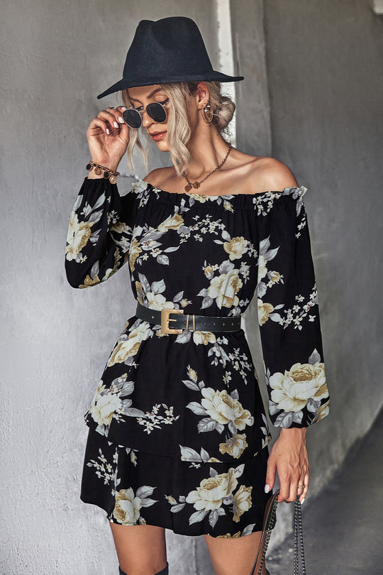 Damen Off-Shoulder Minikleid mit floralem Druck und Rüschensaum EB