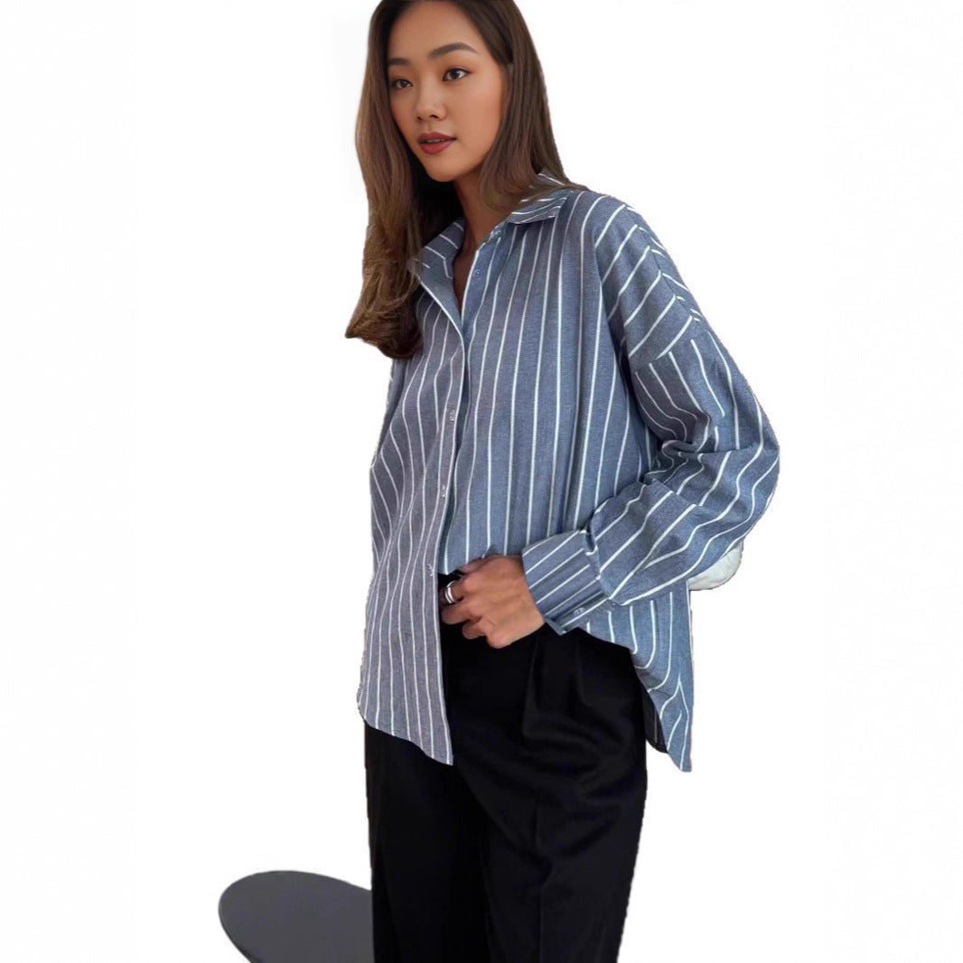 Damen lässige Baumwollbluse mit gestreiftem Design und lockerer Passform EB