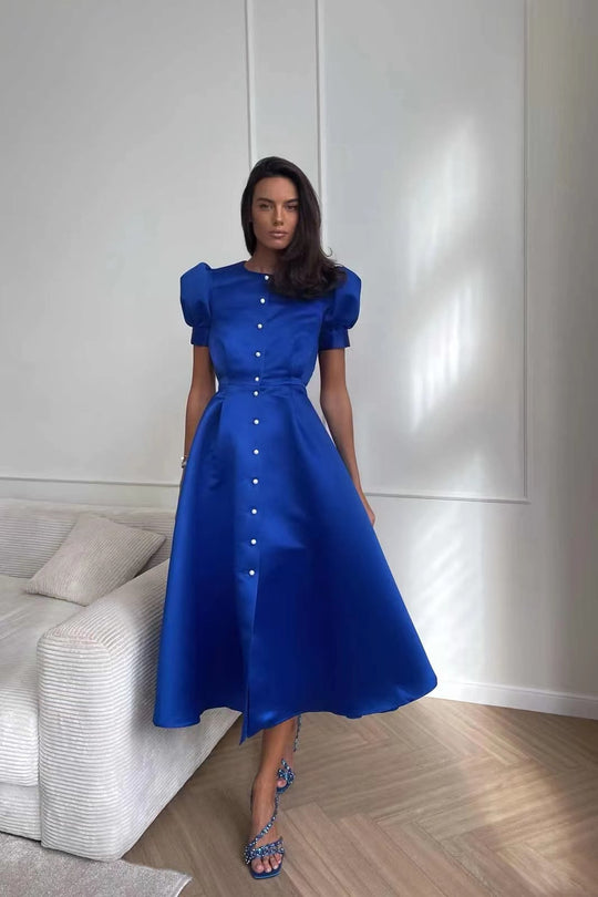 Damen Midi-Kleid mit Puffärmeln und schimmerndem Satin-Finish EB