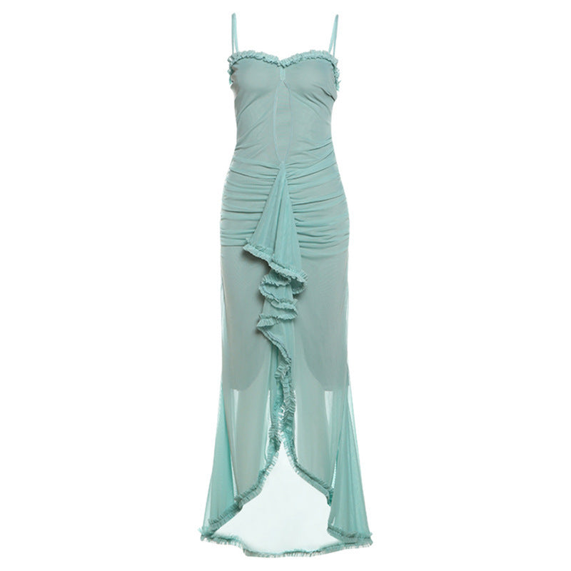 Damen Elegantes Maxikleid mit Rüschendetails und leicht transparentem Stoff EB