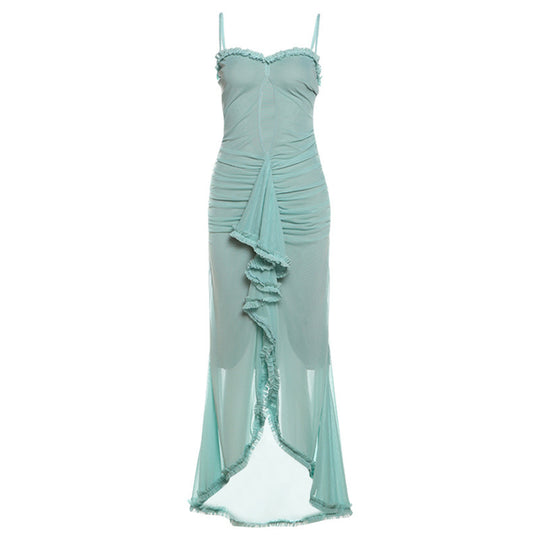 Damen Elegantes Maxikleid mit Rüschendetails und leicht transparentem Stoff EB