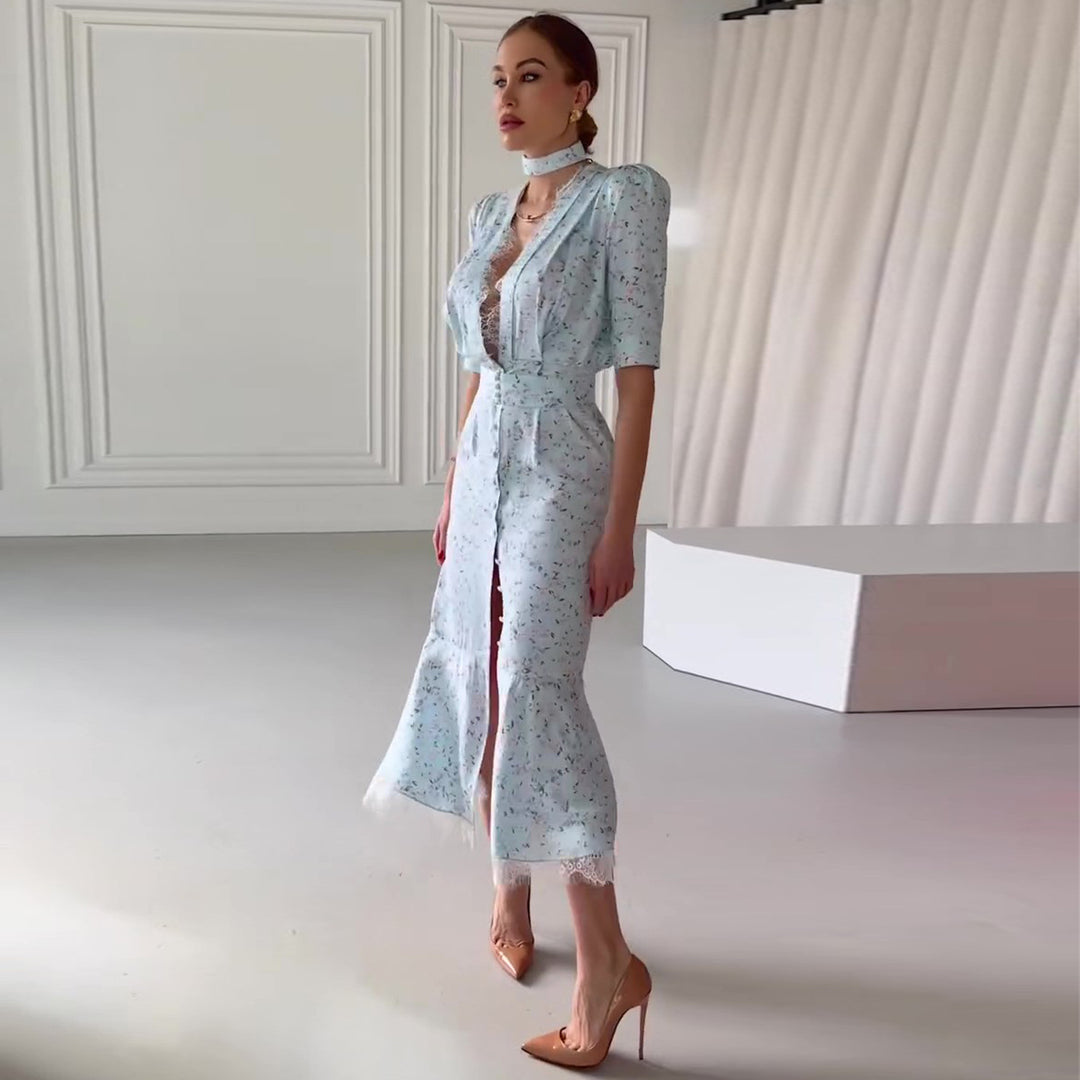 Damen Elegantes Midi-Kleid mit schimmerndem Chiffon und tiefem V-Ausschnitt EB