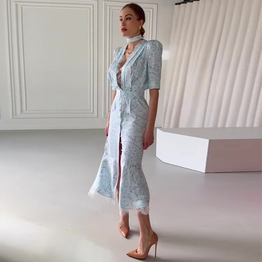 Damen Elegantes Midi-Kleid mit schimmerndem Chiffon und tiefem V-Ausschnitt EB