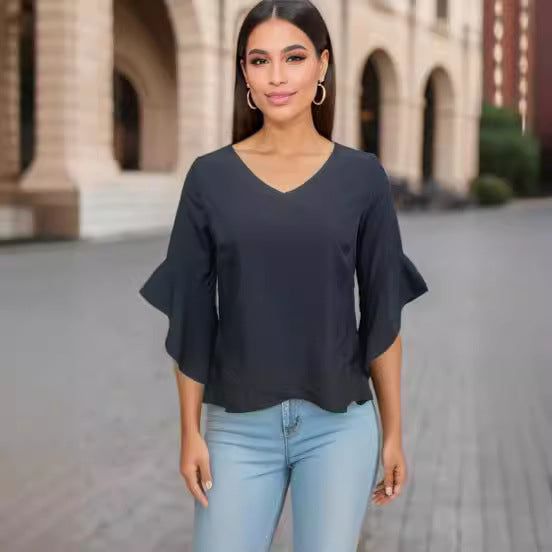 Damen Elegante Bluse mit Rüschendetails und tiefem V-Ausschnitt EB
